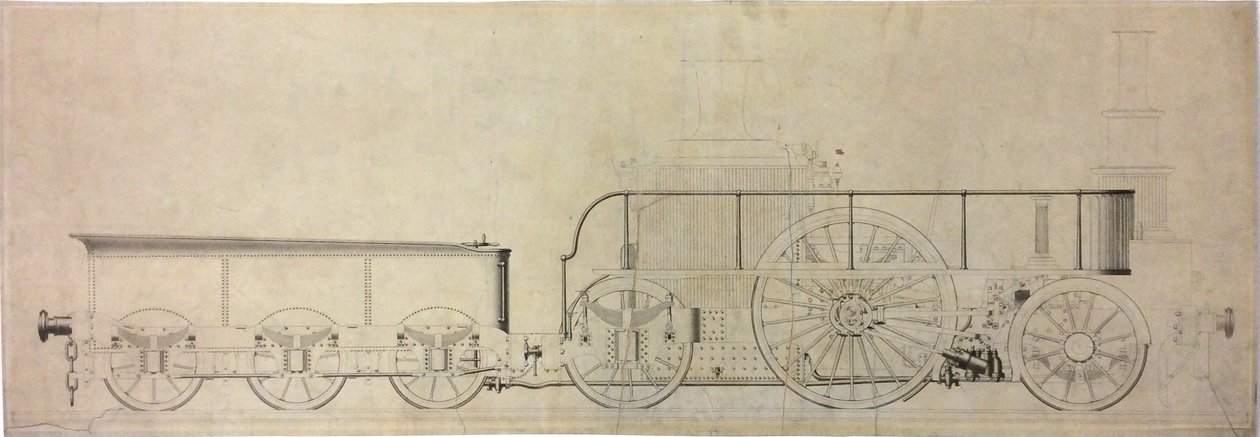 Konstruktionsritning av experimentellt kondenserande lok, före 1848 av William George Armstrong