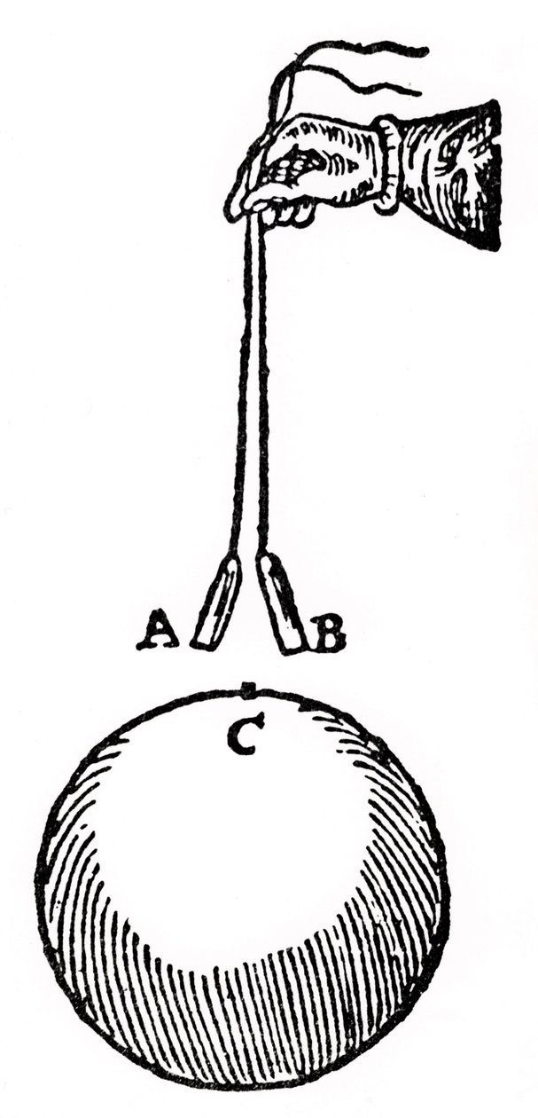 Gilberts experiment för att visa att två bitar av järntråd, A,B, placerade nära polen, C, på en magnet, kommer att ha samma magnetism inducerad i sig och så stöter bort varandra. Från William Gilbert av William Gilbert