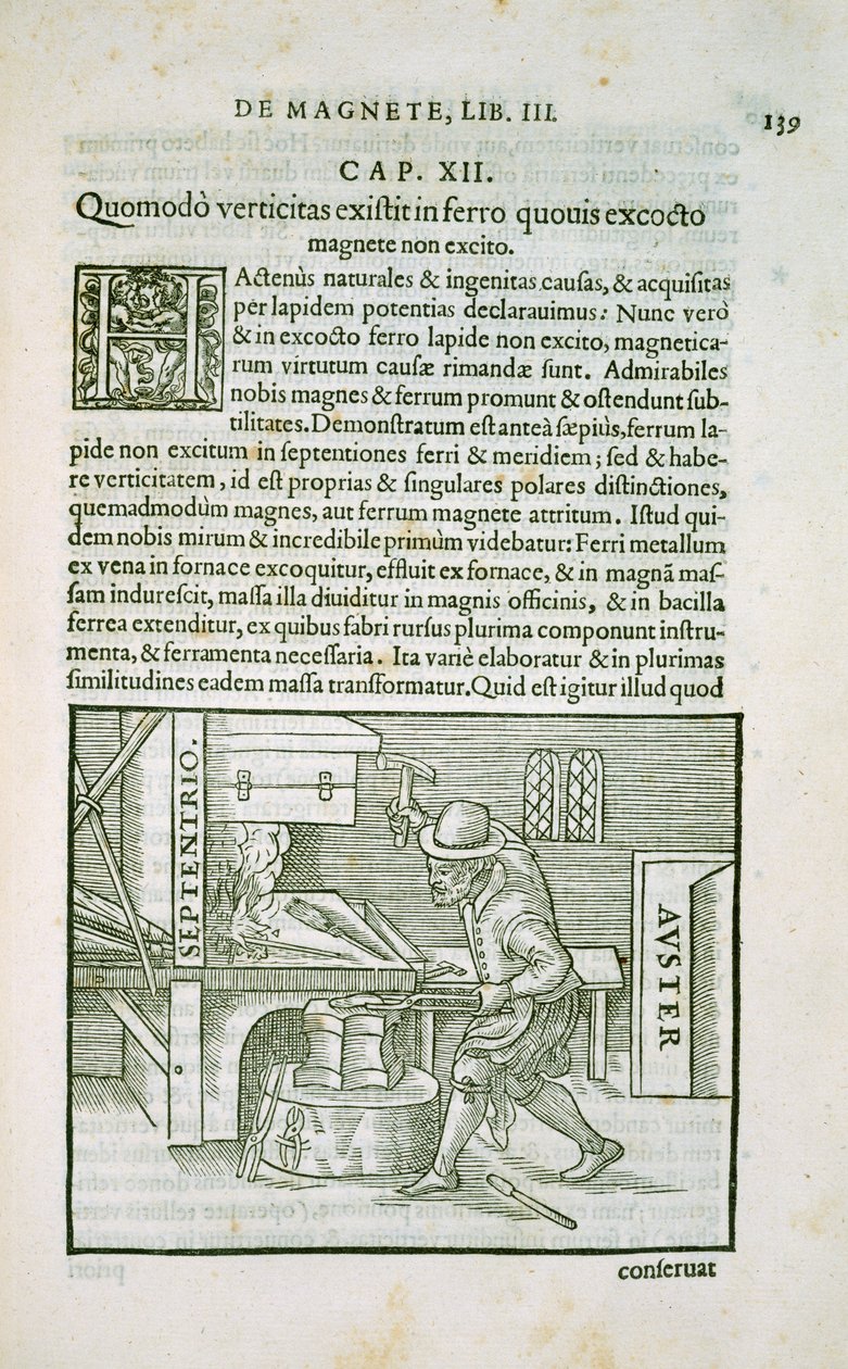 Jordexperimenten, sida från kapitel 3 av On Magnetic and Magnetic Bodies, och på Great Earth Magnet, pub. Petrus Short, London, 1600 av William Gilbert