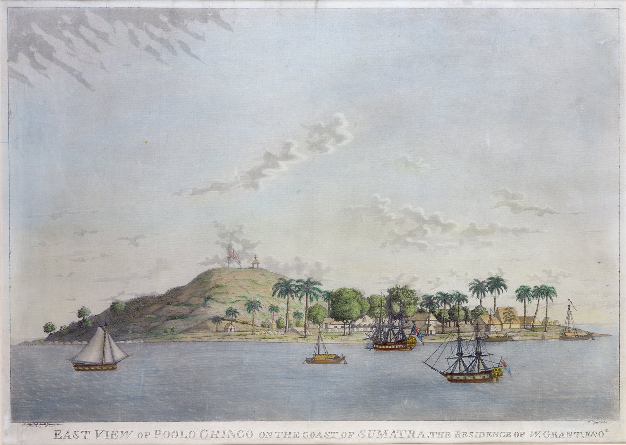 Östra vyn av Poolo Chinco på Sumatras kust, där W. Grant Esq. bor, graverad av James Moffat, 1802 (handkolorerad akvatint) av William James Grant