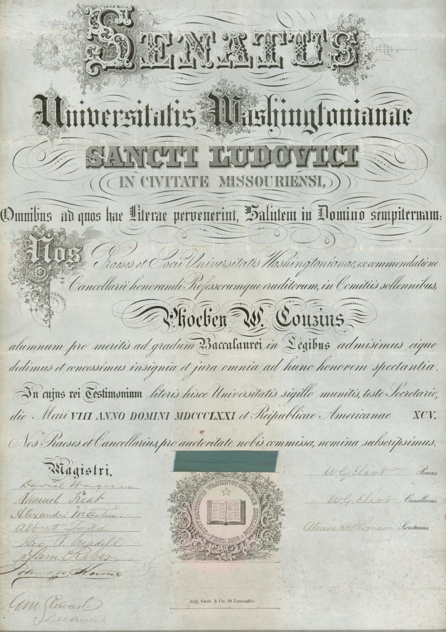 Washington University diploma of Phoebe Couzins, signed President W.G. Eliot et al., May 8, 1871 av William Greenleaf Eliot