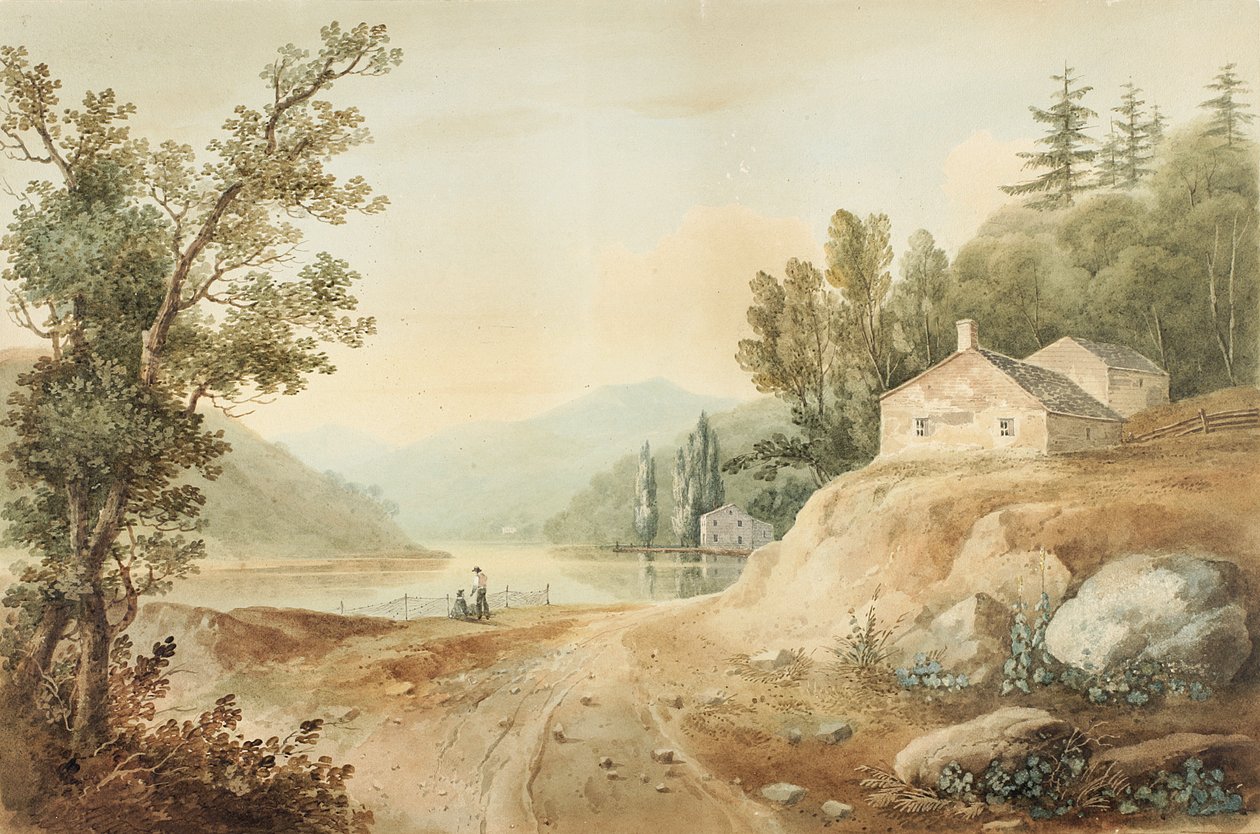 Utsikt nära Fishkill, New York: Preparatory Study for Plate 17 of The Hudson River PortFolio, 1820 (Akvarell, grafit, selektiv glasering och utskrapa med inslag av gouache på papper, utlagd o av William Guy Wall