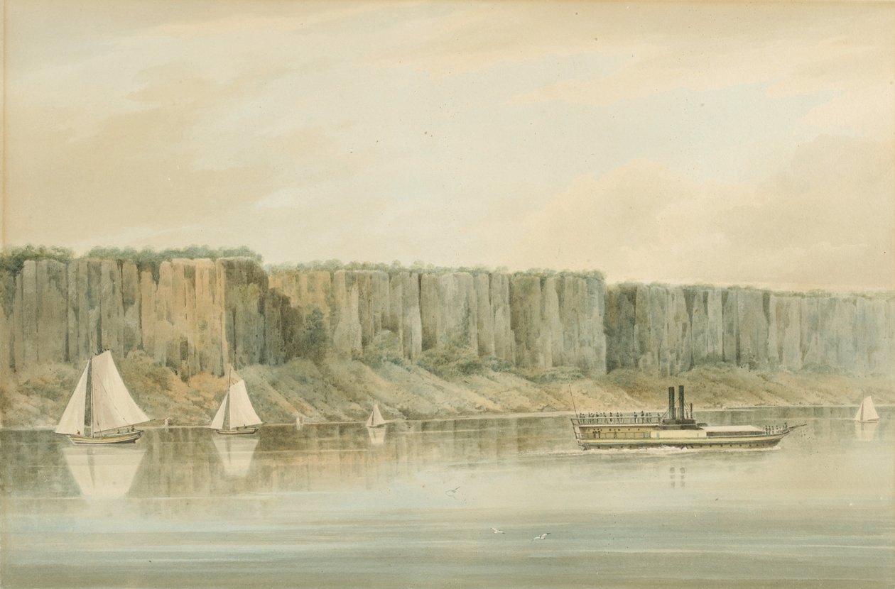 View of the Palisades, New Jersey: Förberedande studie för tavla 19 i Hudson River PortFolio, 1820 (Akvarell, grafit och utskrapa med inslag av gouache på papper, lagt på kort.) av William Guy Wall