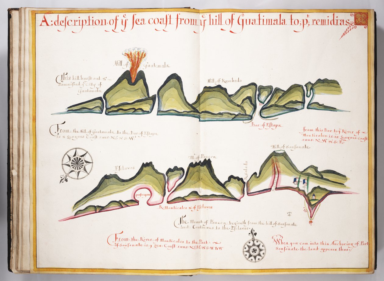 Ms Elkins 169 En beskrivning av havets kust från kullen i Guatemala till... Illustration från Wagoner of the Sea (penna & bläck med wc på papper) av William Hack