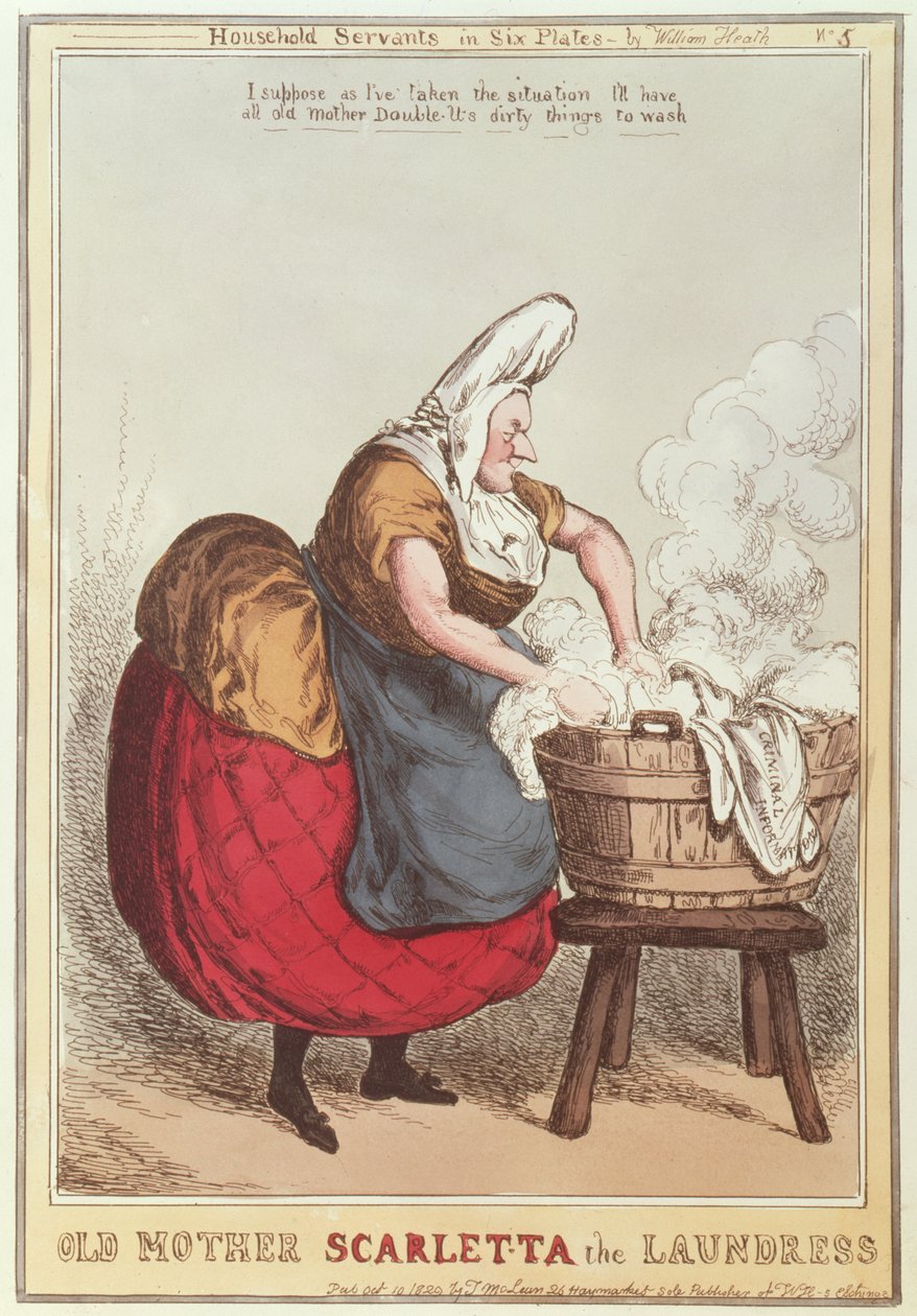 Gamla mor Scarletta tvätterskan, nr 5 från serien Hushållstjänare, publicerad 1829 av William Heath