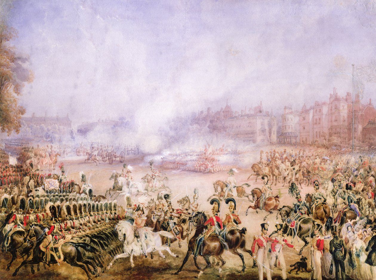Queen Victorias Accession Day Salute, Hyde Park, London, 1837 (penna, gummi arabicum, wc och gouache på papper) av William Heath