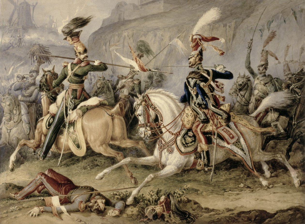 Kavallerislaget, 1830 (wc över penna förhöjd med gouache på papper) av William Heath