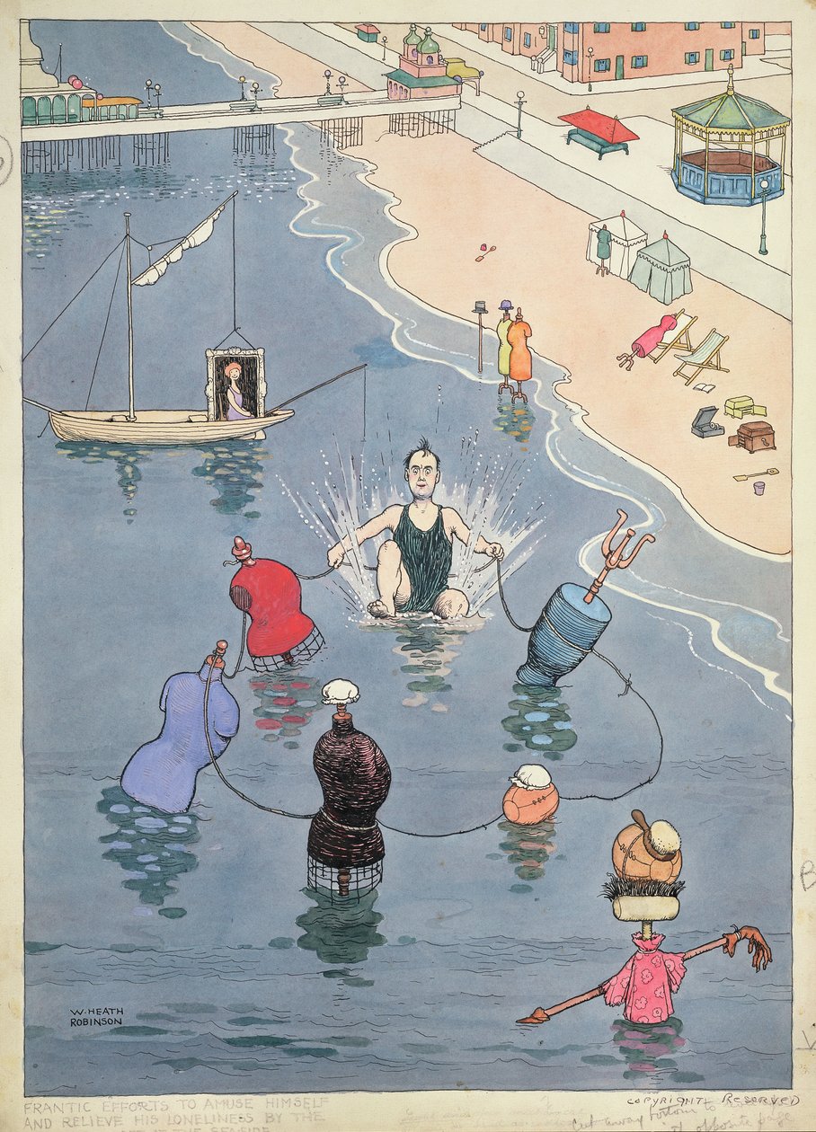 Desperata försök att roa sig själv och lindra hans ensamhet av den sista mannen som lämnades vid havet av William Heath Robinson