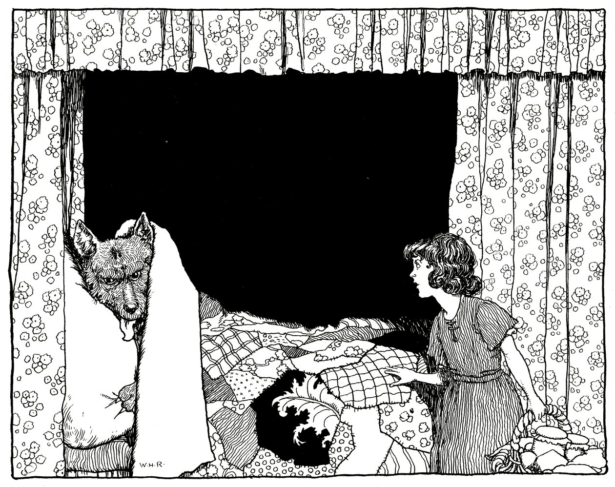 Rödluvan gick till sängen, illustration från Old Time Stories av Charles Perrault, pub. av Constable & Co Ltd, 1921 av William Heath Robinson