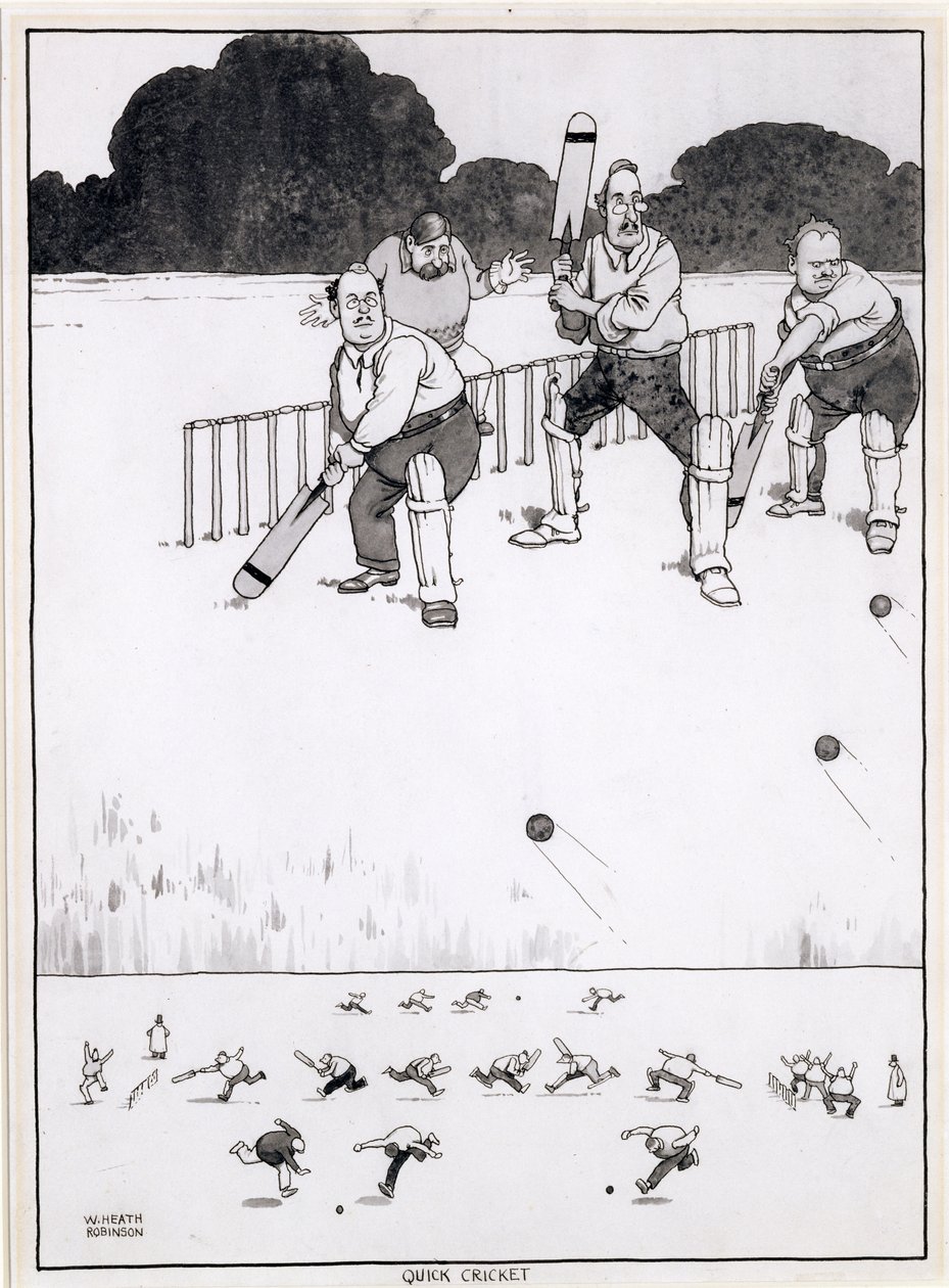 Quick Cricket, en ny metod för att ge båda sidor en chans, en illustration för The Bystander, maj 1927 (penna och bläck och wc) av William Heath Robinson