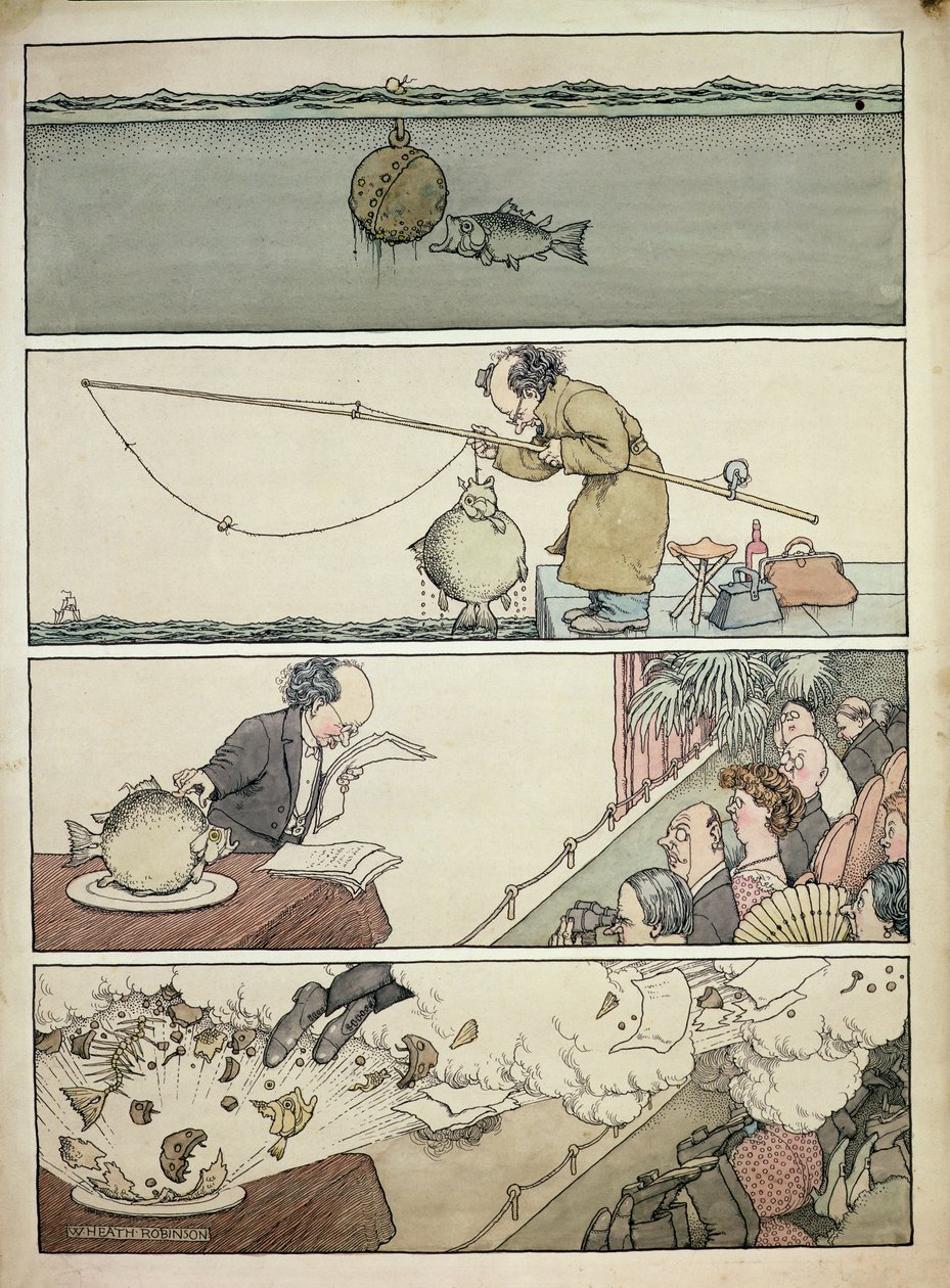 Fisken och den flytande gruvan av William Heath Robinson