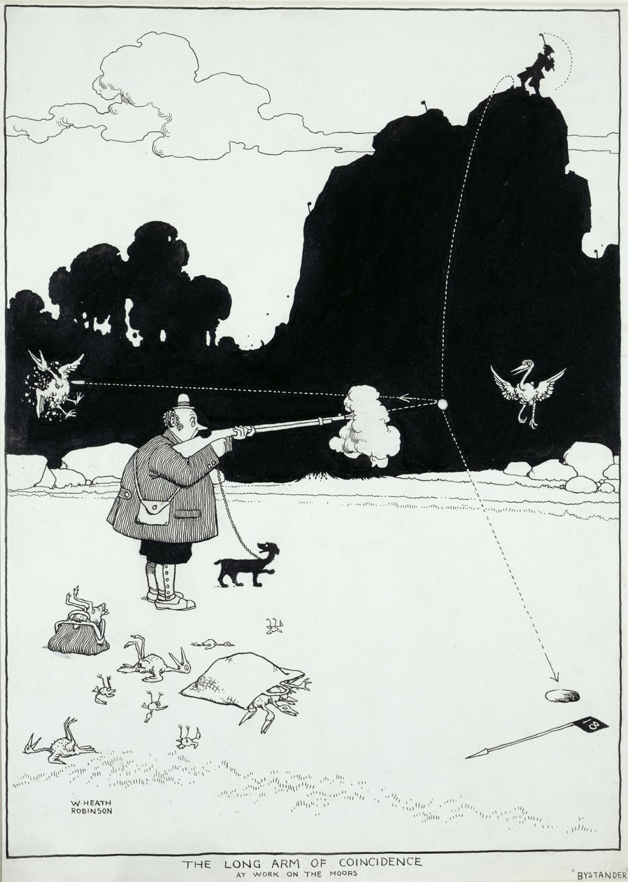 Tillfällighetens långa arm i arbete på morerna, en illustration till The Bystander, augusti 1922 (penna och bläck) av William Heath Robinson