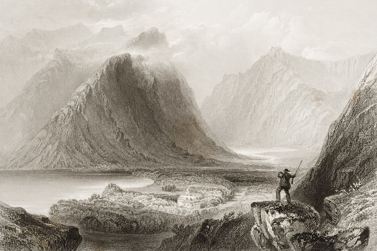 Delphi Lodge, County Mayo, Irland, från "Scenery and Antiquities of Ireland" av George Virtue, 1860-talet av William Henry Bartlett