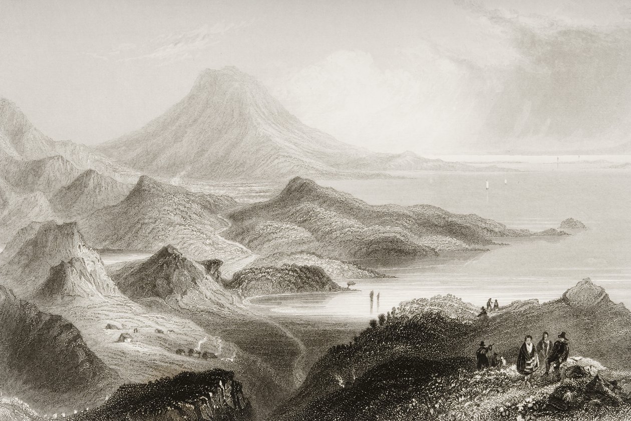 Lough Conn och Mount Nephin, County Mayo, Irland, från "Scenery and Antiquities of Ireland" av George Virtue, 1860-talet av William Henry Bartlett