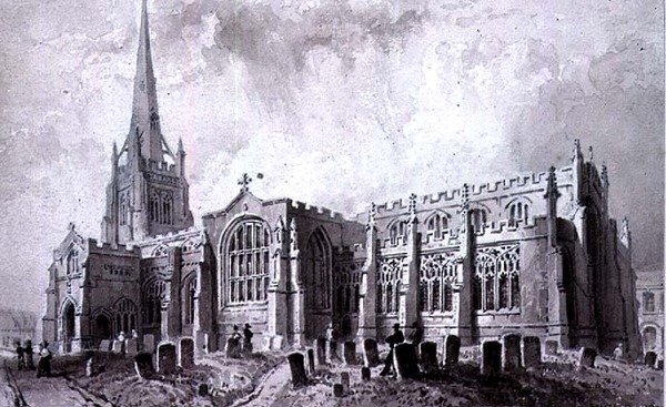 St John the Baptist, Thaxted, Essex, vy från sydväst av William Henry Bartlett