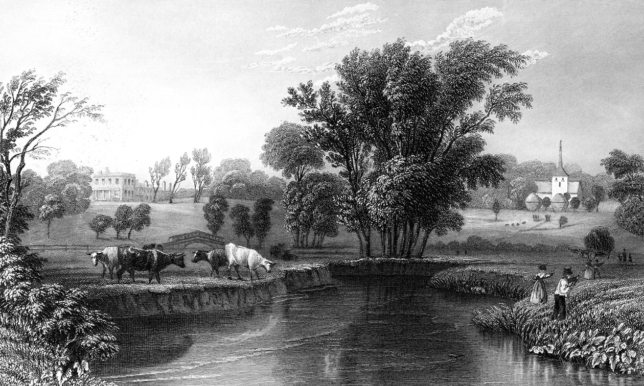Stisted Hall and Church, Essex, graverad av William Wallis, 1832 av William Henry Bartlett