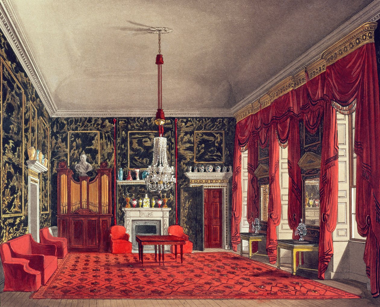 Drottningens frukostrum, Buckingham House, graverad av Daniel Havell (1785-1826) från puben "The History of the Royal Residences" av William Henry Pyne (1769-1843). 1817 av William Henry Pyne