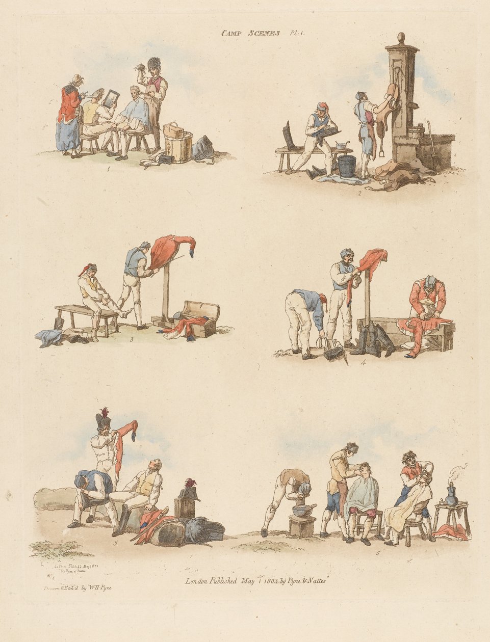 Camp Scenes, 1803 (färgad etsning) av William Henry after Pyne