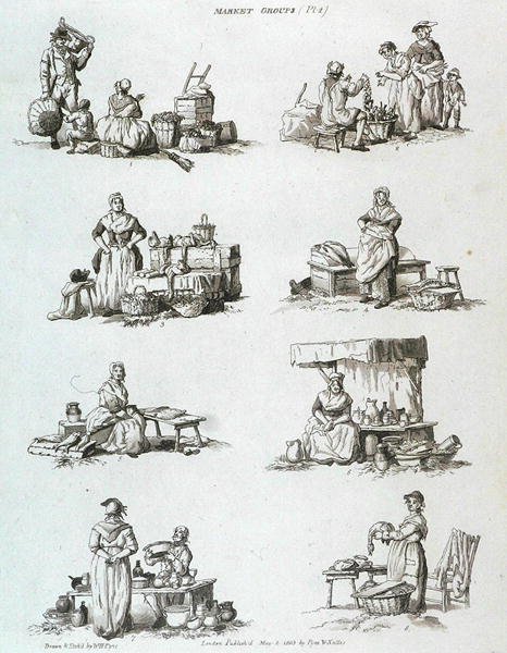 Marknadsgrupper, från Microcosm, Vol. II, graverad av J. Hill, ca 1806 av William Henry after Pyne