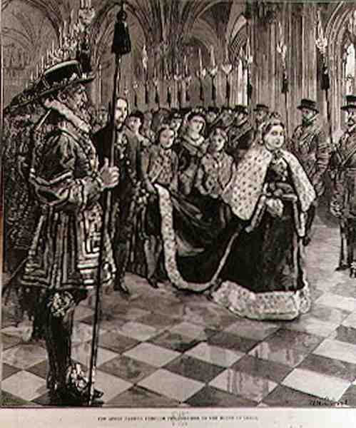 Drottningen passerar genom korridoren till House of Lords, från The Illustrated London News, 30 januari 1886 av William Heysham after Overend