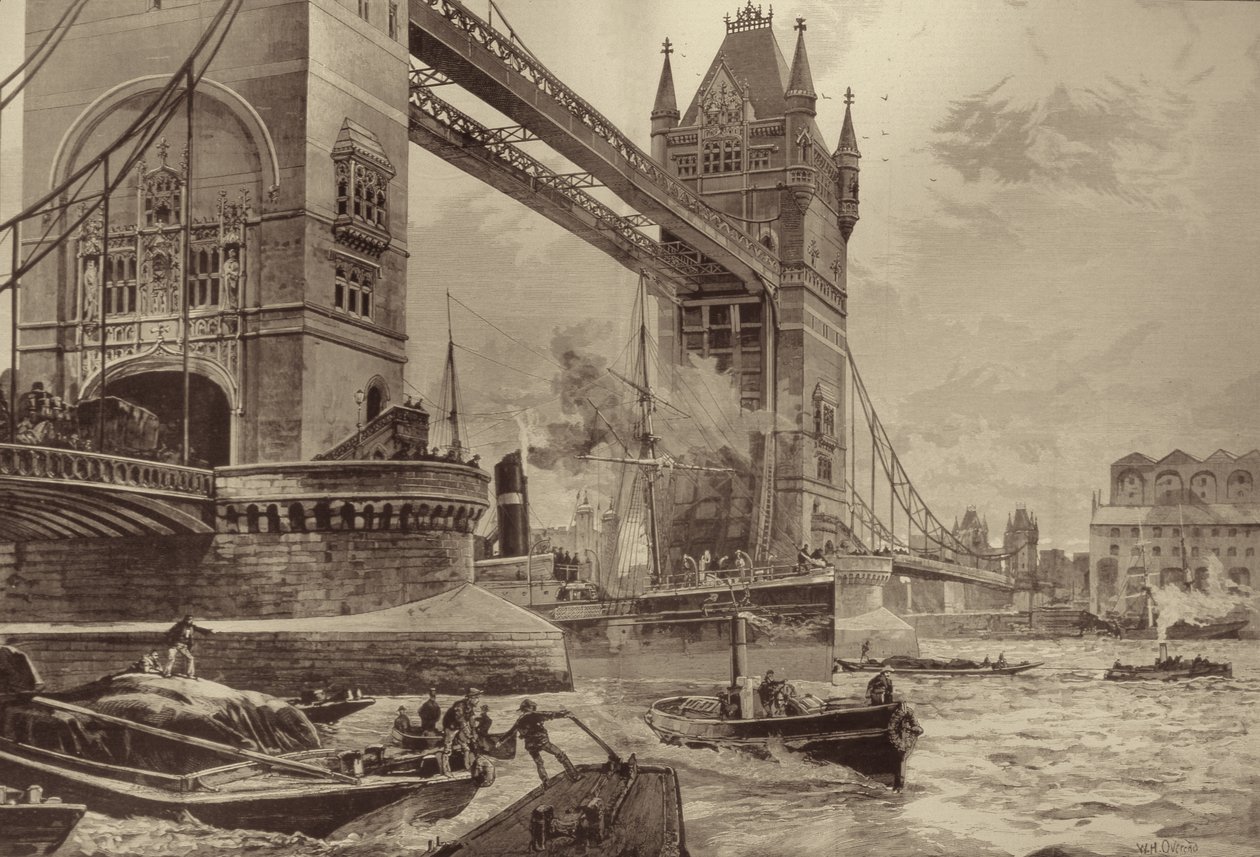 Tower Bridge, som ska resas över Themsen: Grundstenen lades av prinsen av Wales i måndags senast, från The Illustrated London News, 26 juni 1886 av William Heysham after Overend