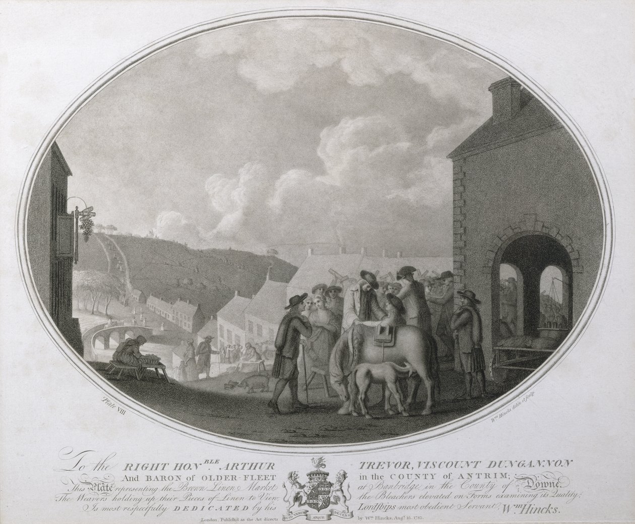 Den bruna linnemarknaden i Banbridge i grevskapet Antrim, skylt VIII från The Linen Manufactory of Ireland, 1783 (mezzotint) av William Hincks