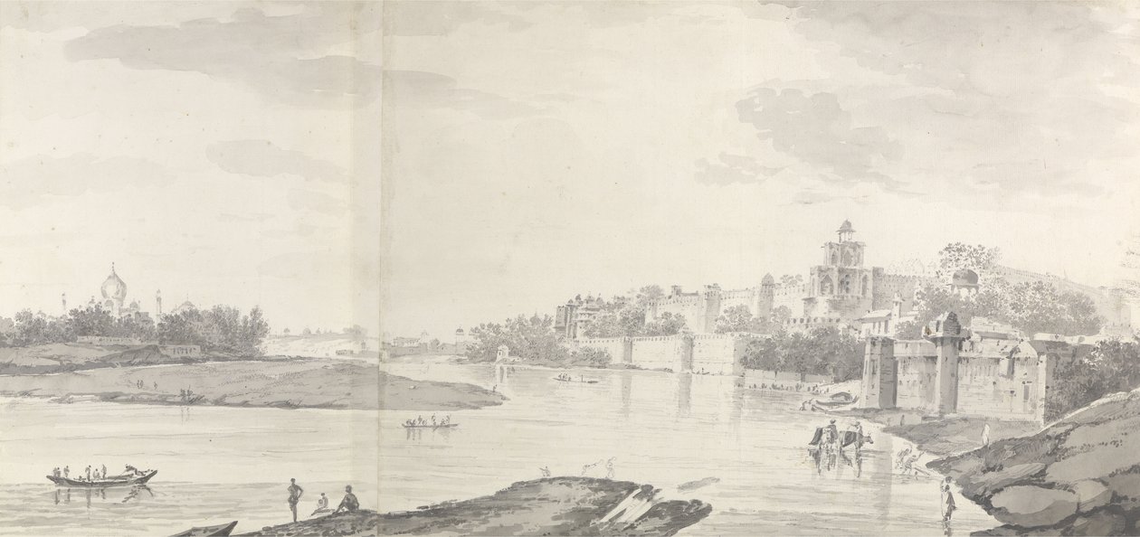 En utsikt över fortet i Agra vid floden Jumna från nordost, ca 1783 (grå tvätt & penna på papper) av William Hodges