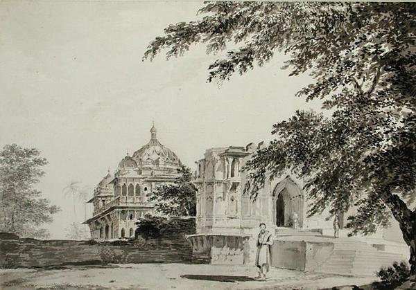 En vy av moskén i Mounheer från sydöstra, ca 1781 (penna, penna, bläck och tvätt på papper) av William Hodges
