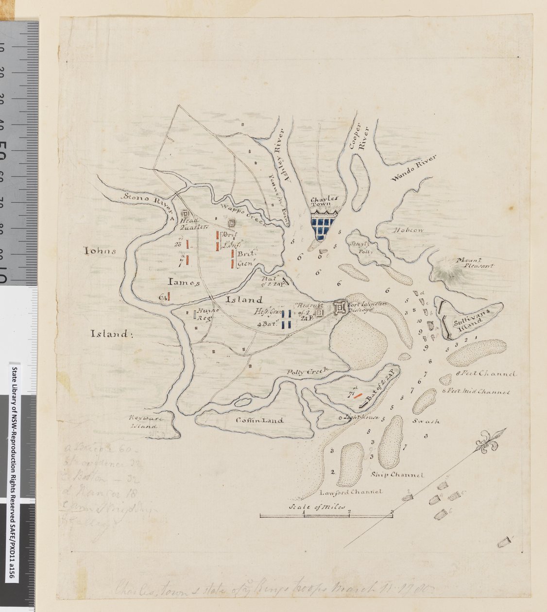 Sida 37b Karta över Charlestown och kungens trupper, 11 mars 1780 (penna, penna och bläck) av William Hodges