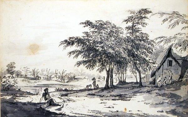 Vy över en indianby med en sittande man i förgrunden, ca 1781-83 (grå tvätt, penna, svart bläck och grafit på bundet papper) av William Hodges