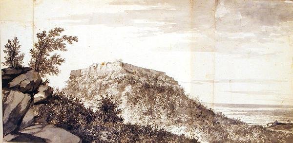 Utsikt över Bidjegurs (Bijagarh) fort ca 1781 (grå tvätt och grafit på sammanfogade bitar av monterat papper) (se även 174459) av William Hodges