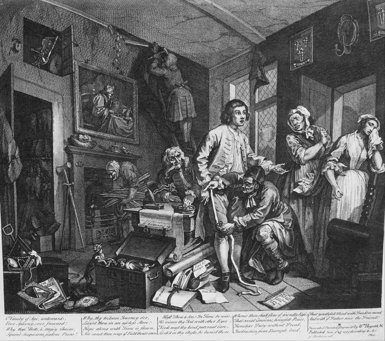 A Rakes Progress, Plate 1, The Young Arving tar besittning av Misers -effekterna av William Hogarth