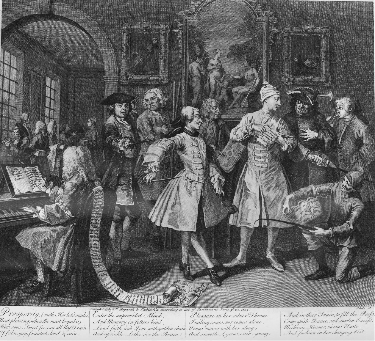 A Rakes framsteg, platta 2, omgiven av konstnärer och professorer av William Hogarth