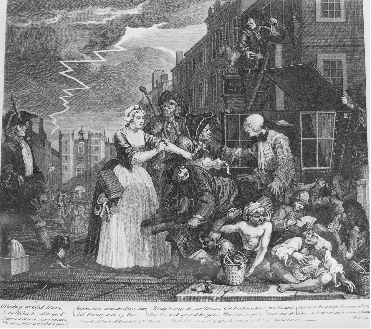 A Rakes Progress, Plate 4, Arrested for Debt av William Hogarth