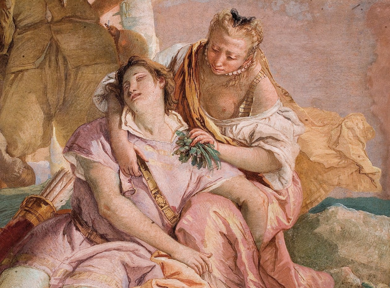 Detalj från Angelica som kommer till hjälp för den sårade Medoro, från Orlando Furiosos rum i Palazzina, 1757 av William Hogarth