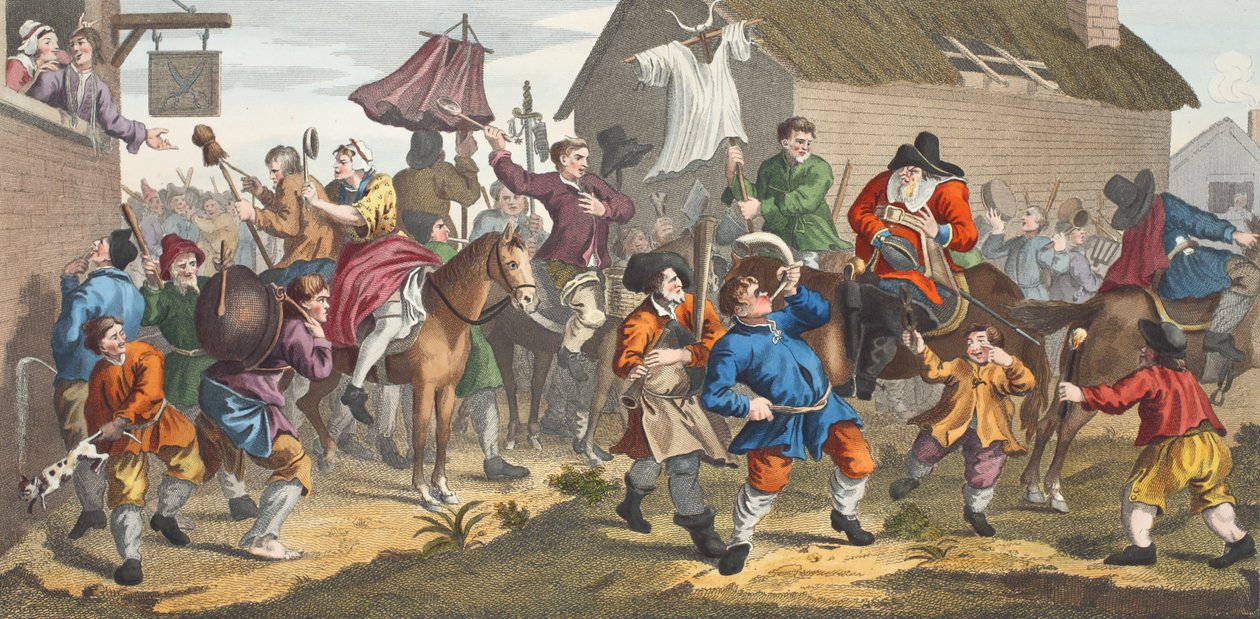Hudibras möter Skimmington, illustration från "Hogarth Restored: The Whole Works of the celebrated William Hogarth, re-engraved by Thomas Cook", pub. 1812 (handkolorerad gravyr) av William Hogarth