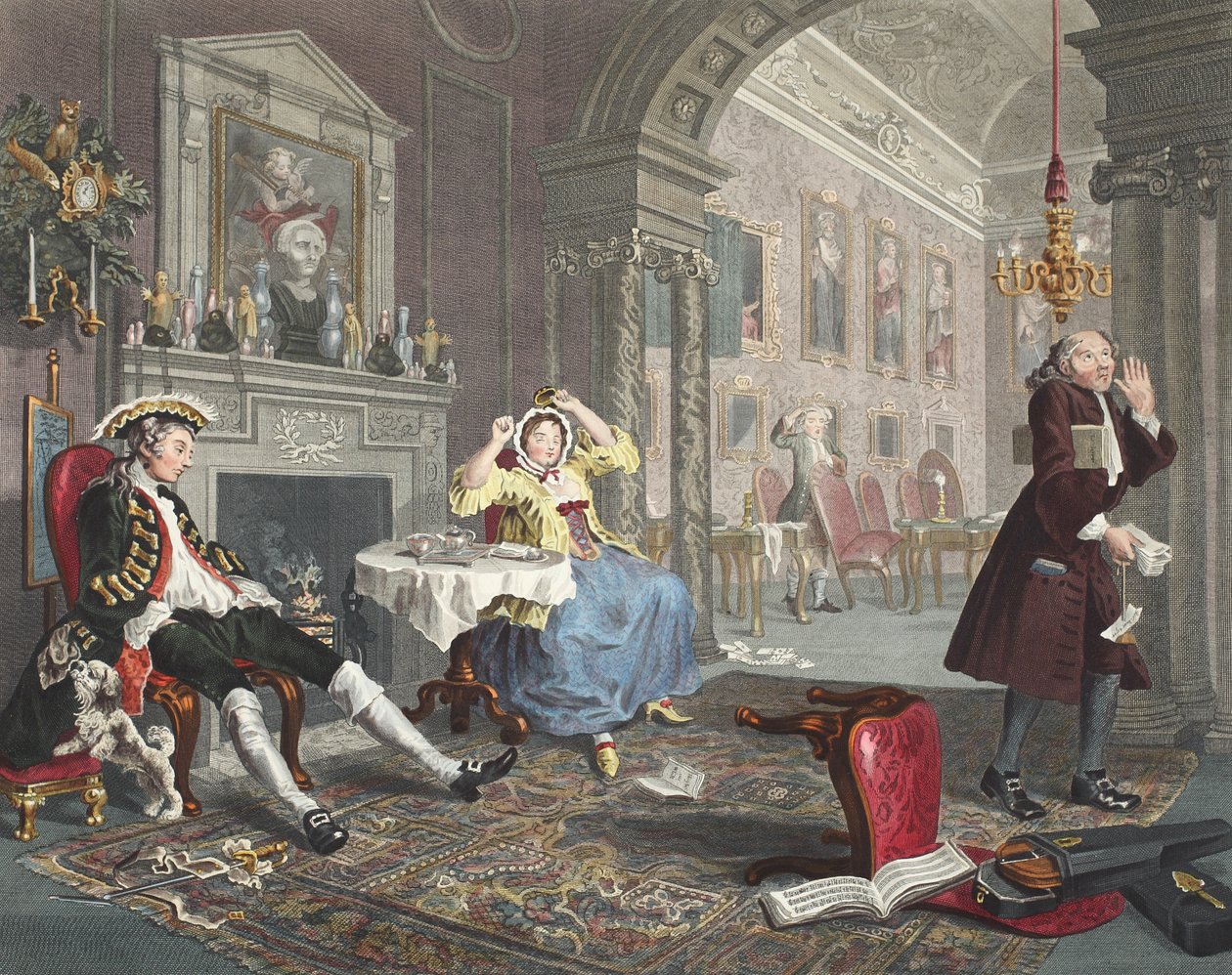 Äktenskap a la Mode, tavla II, Tete a Tete, illustration från "Hogarth Restored: Hela verken av den berömde William Hogarth, ingraverad av Thomas Cook", pub. 1812 (handfärgad gravyr) av William Hogarth