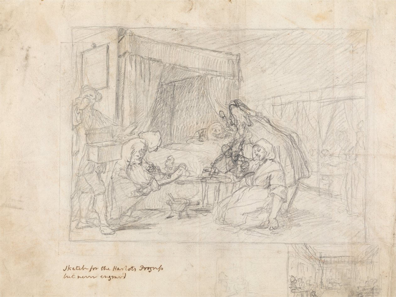 Operationsplats på ett sjukhus med dotterskisser i marginalen längst ner till höger av William Hogarth