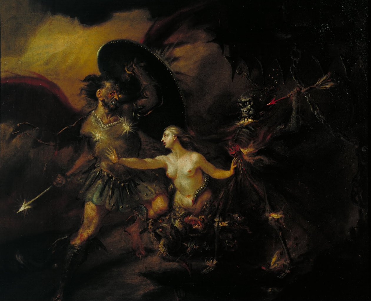Satan, synd och död (en scen från Miltons `Paradise Lost) av William Hogarth