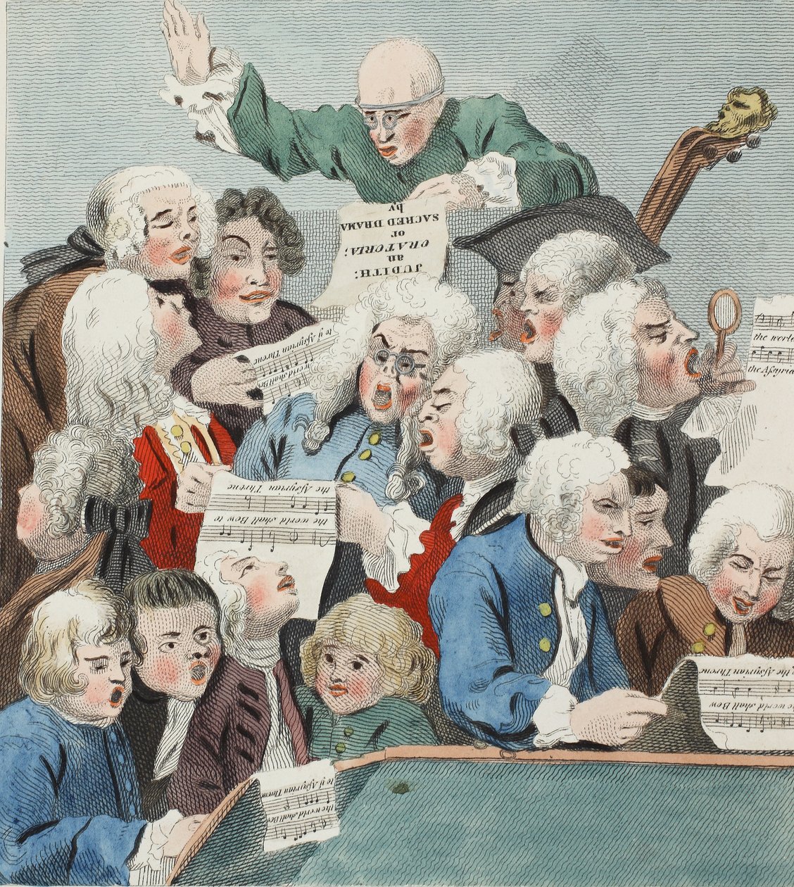 Refrängen eller repetitionen av Judiths oratorium, illustration från "Hogarth Restored: The Whole Works of the hyllade William Hogarth, re-graved by Thomas Cook", pub. 1812 (handfärgad gravyr av William Hogarth