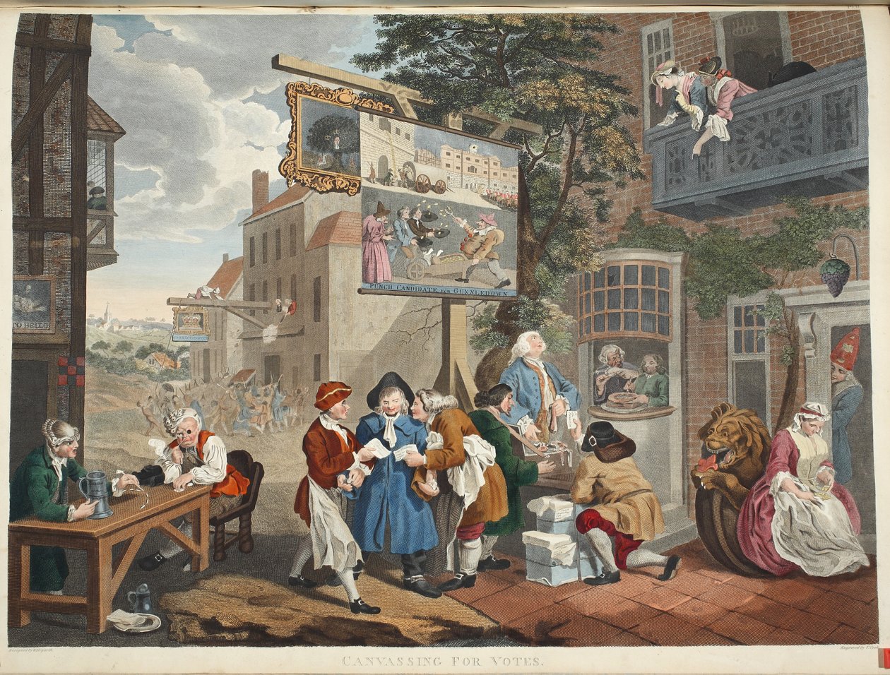 Valet II: Canvassing for Votes, illustration från "Hogarth Restored: The Whole Works of the celebrated William Hogarth, re-engraved by Thomas Cook", pub. 1812 (handkolorerad gravyr) av William Hogarth