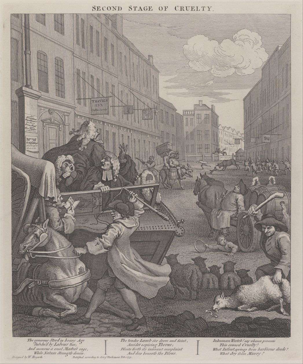 Grymhetens andra etapp- Coachman som slår en fallen häst av William Hogarth