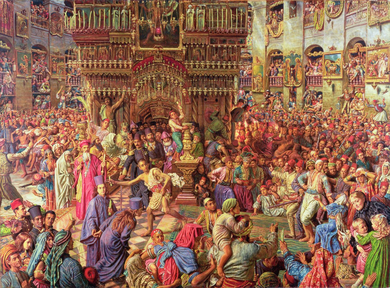 The Miracle of the Sacred Fire, Heliga gravens kyrka i Jerusalem, 1892-99 (olja och harts på duk) av William Holman Hunt