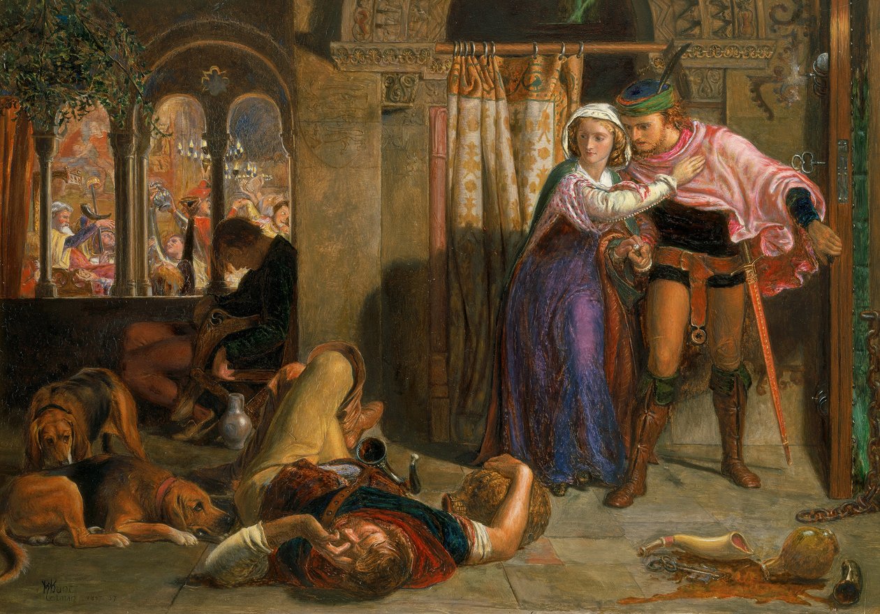 Flygningen av Madeline och Porphyro under fylleriet som deltog i festen (The Eve of St. Agnes) av William Holman Hunt