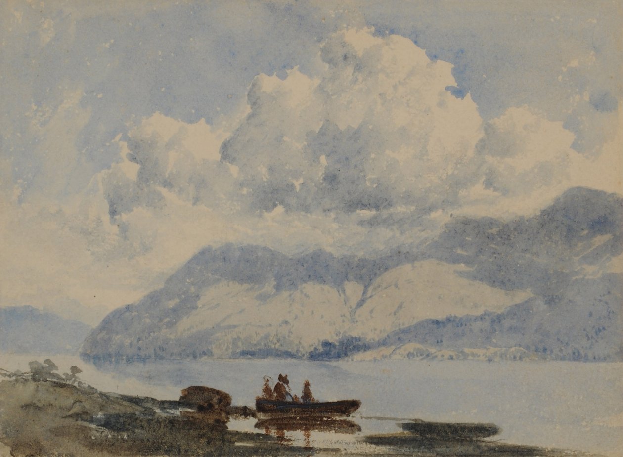 Sjön med båt och figurer, 1840-58 (wc på papper) av William James Blacklock