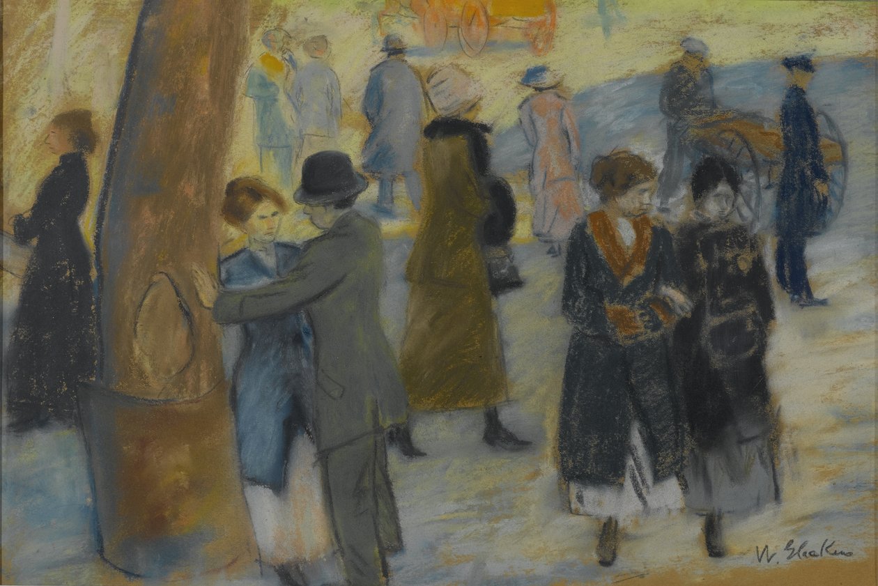 Stadsbild, ca 1910 (pastellfärgad på baksidan av ett tapetfragment) av William James Glackens