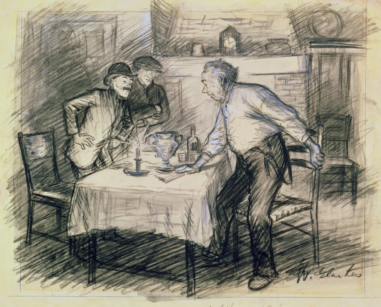 Interiör med tre män som reser sig från ett bord (penna och tvätt på papper) av William James Glackens