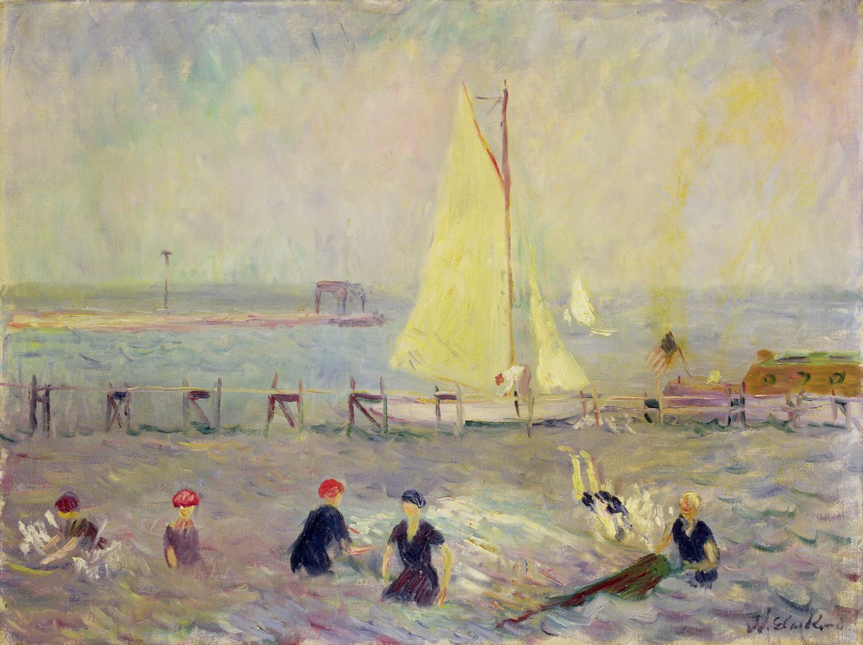 Havslandskap med två segelbåtar och sex badande av William James Glackens