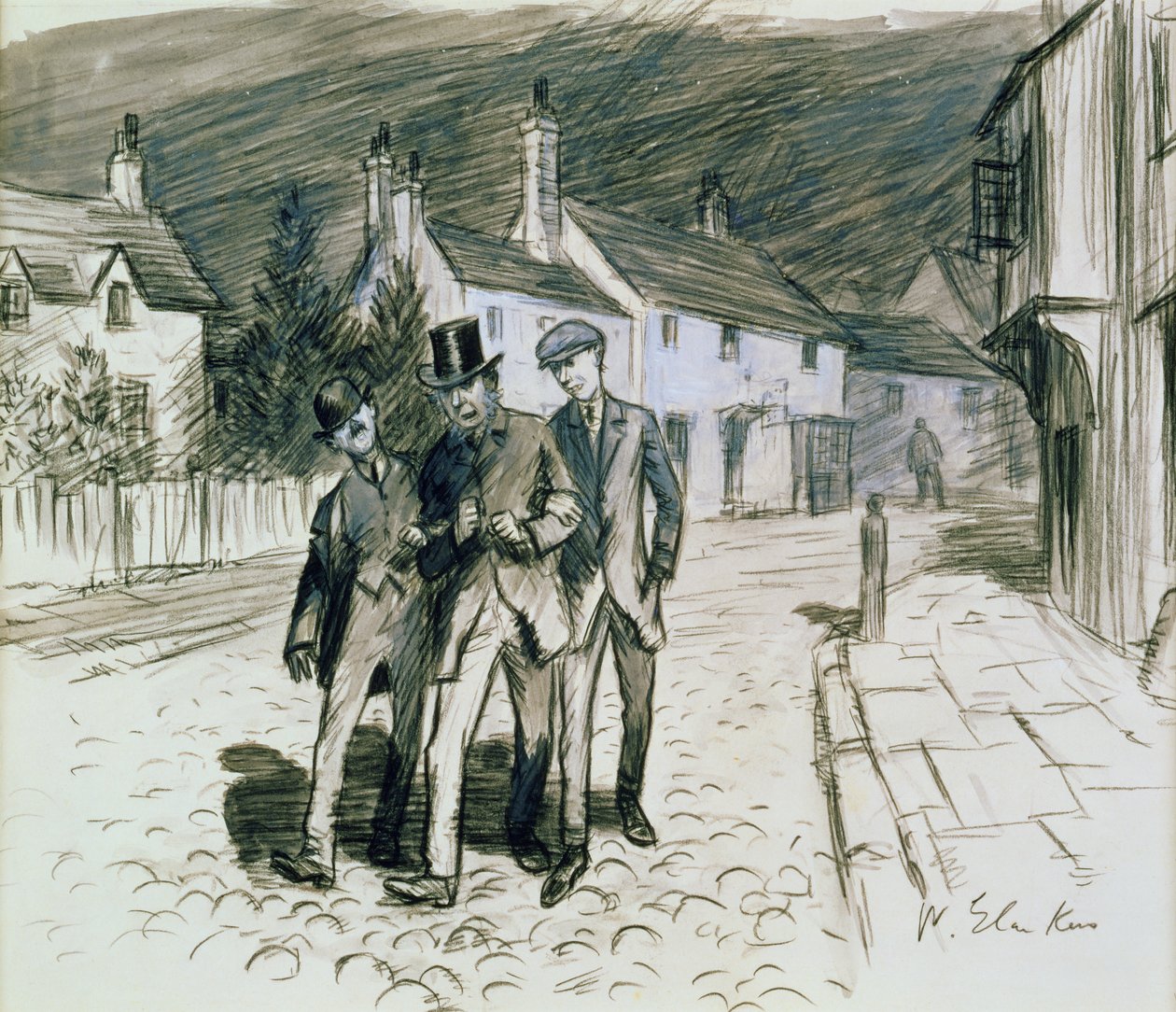 Gatubild med tre berusade (penna och tvätt på papper) av William James Glackens