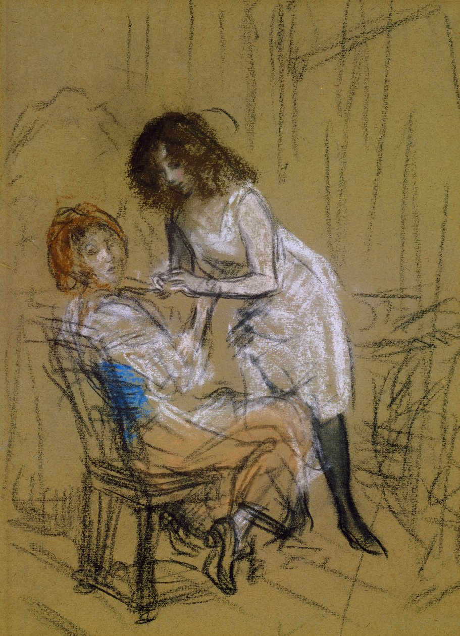 Två kvinnor i ett sovrum (kol och krita på papper) av William James Glackens